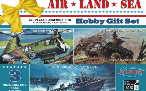 Atlantis Models – Air, Land & Sea US Hobby Gift Set: 1/48 Sherman Tank, 1/48 H25 Mule Helicopter, 1/102 PT207 Mosquito Boat